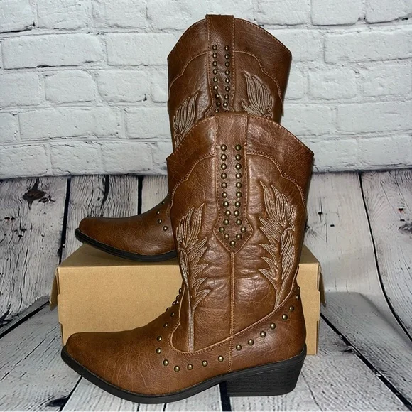 Vintage Women’s Brown Western Embroidered & Studded Cowboy Boots Size 8.5 - Picture 1 of 16